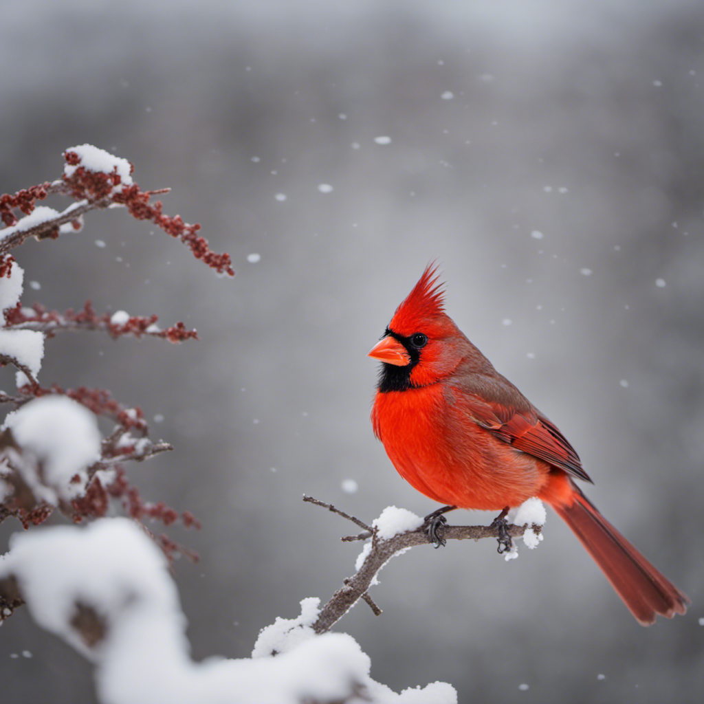 An image capturing the vibrant Northern Cardinal, its fiery red plumage contrasting with the snowy backdrop of an Indiana winter, as it perches on a barren branch, showcasing its distinctive crest and sturdy beak