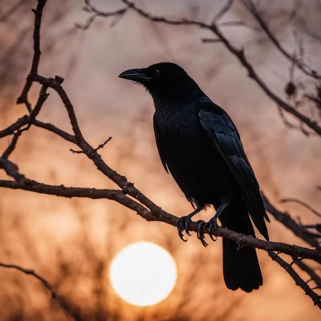 An image capturing the elegant silhouette of an American Crow perched on a leafless tree branch, against a vibrant Indiana sunset, its glossy black feathers glistening under the fading light