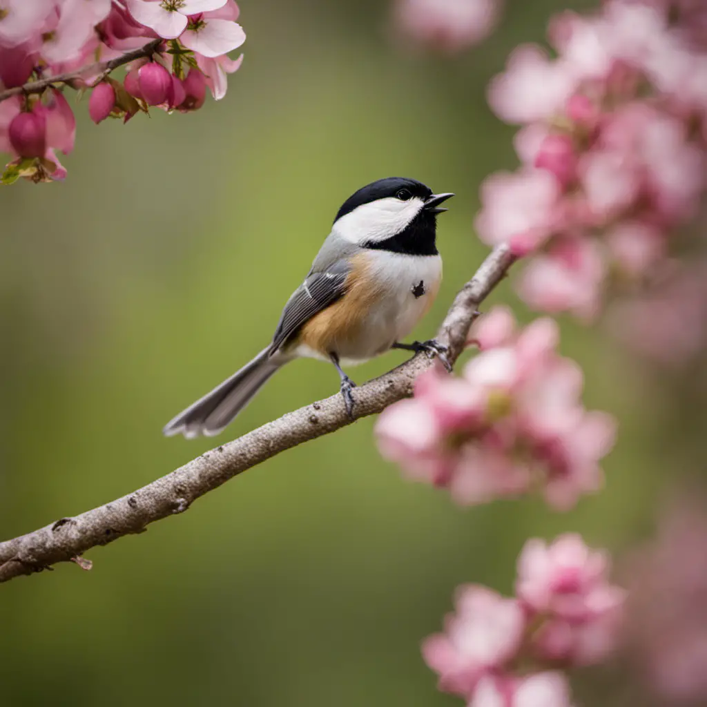 An image capturing the delightful scene of a Carolina Chickadee perched on a blossoming dogwood branch against a backdrop of lush Indiana woodlands, showcasing the bird's vibrant plumage and cheerful disposition