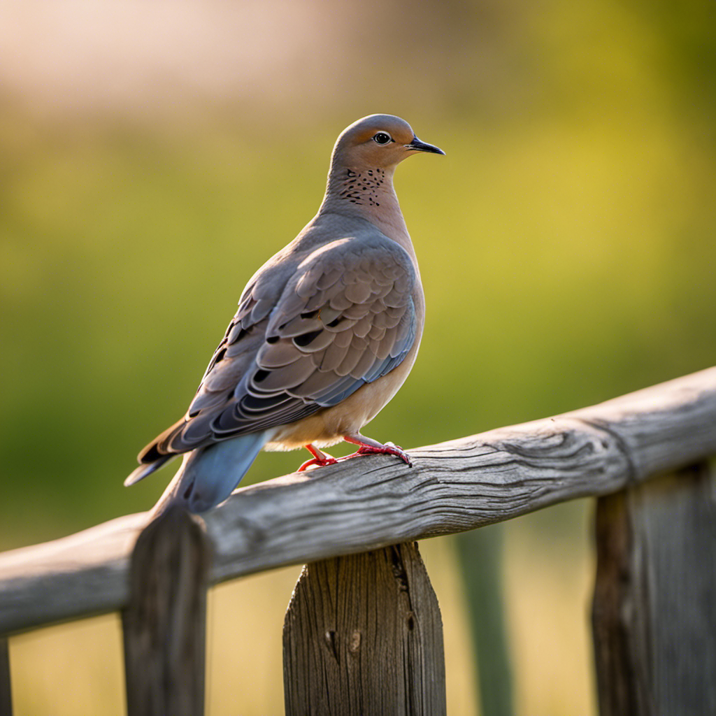 An image capturing the delicate grace of a Mourning Dove perched on a rustic wooden fence, its soft gray plumage contrasting against the vibrant green backdrop of an Indiana field under the golden afternoon sun