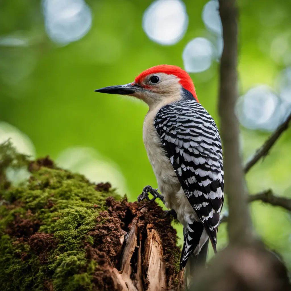 An image capturing the striking presence of a Red-bellied Woodpecker amidst the vibrant foliage of an Indiana forest