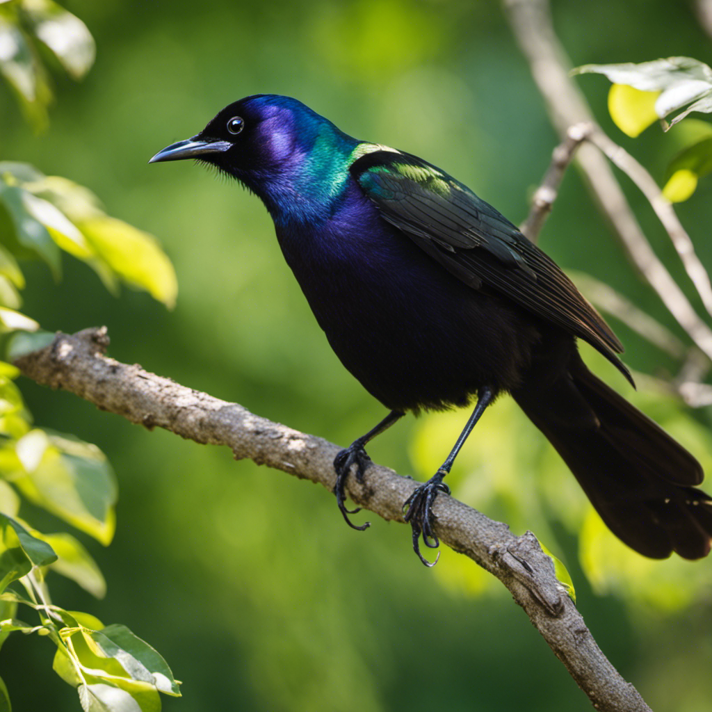 An image capturing the iridescent beauty of a Common Grackle perched on a tree branch, its glossy black feathers shimmering in the sunlight, against a backdrop of lush green foliage in Indiana's serene landscape