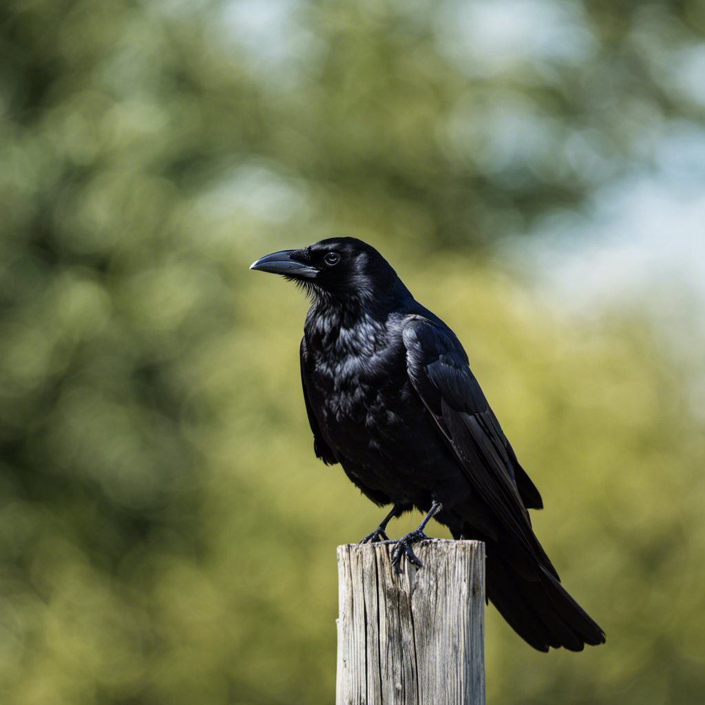 An image capturing the charismatic American Crow perched atop an old wooden fence, with its glossy black feathers contrasting against the vibrant Oklahoma sky, showcasing its intelligent and mischievous expression