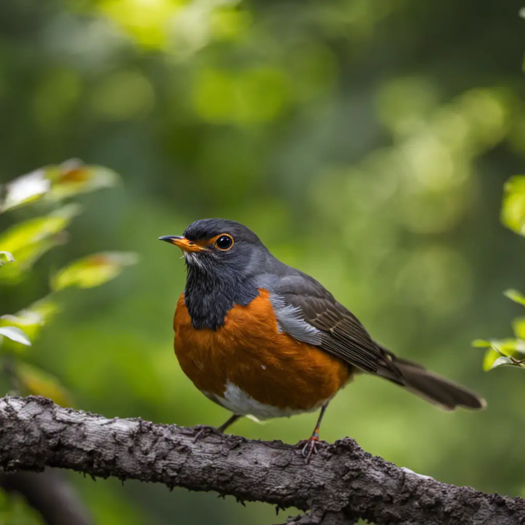 An image capturing the vibrant presence of an American Robin amidst the verdant backdrop of an Oklahoma woodland, displaying its distinct orange breast, dark gray back, and a charming tilt of its head
