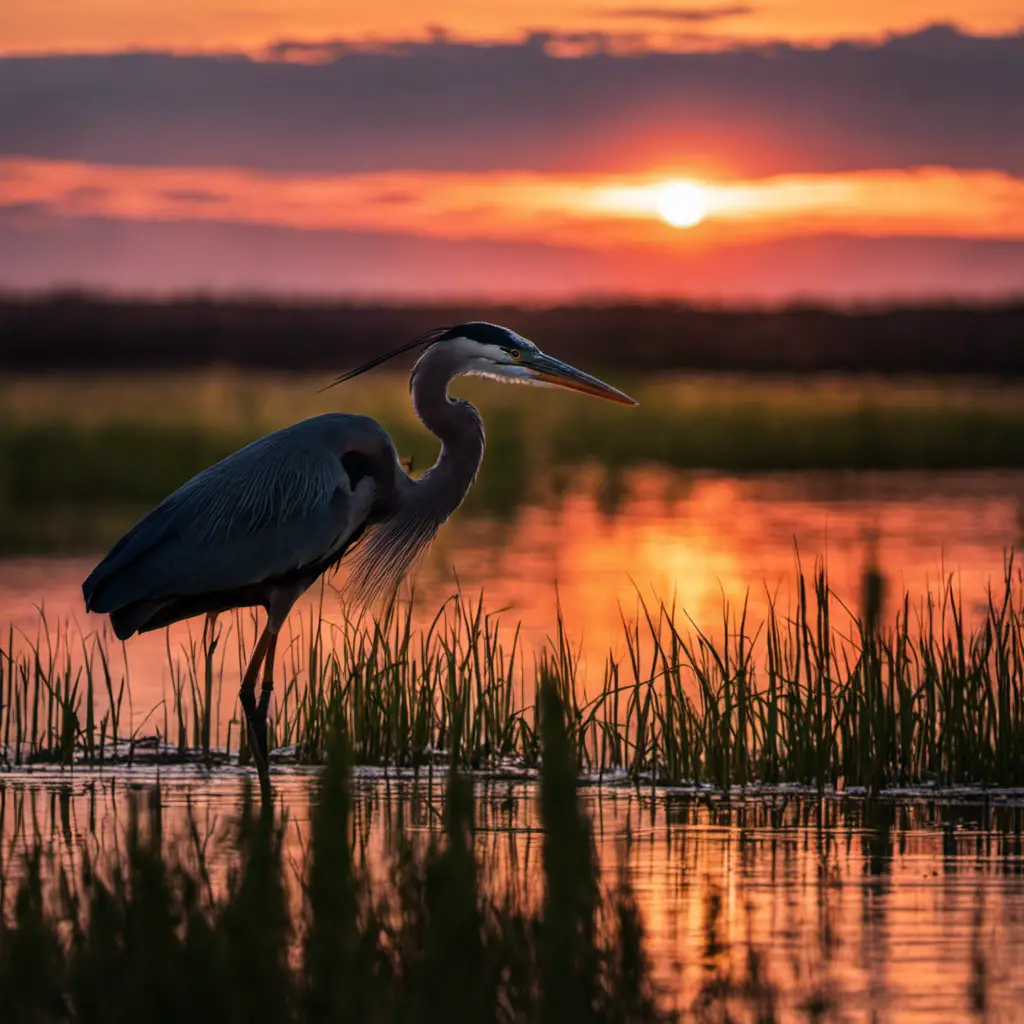 An image capturing the elegance of a Great Blue Heron in Oklahoma's serene wetlands: a solitary silhouette against a vibrant sunset sky, its long, graceful neck curved as it patiently awaits its next catch