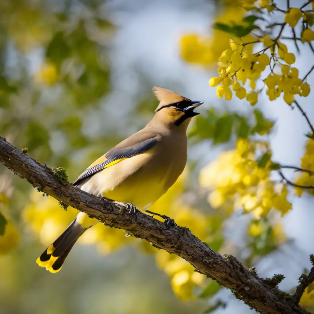An image capturing the vibrant beauty of a Cedar Waxwing perched on a branch, adorned with its signature silky crest, sleek gray plumage, and vivid yellow tail-tip, against a backdrop of lush Oklahoma foliage
