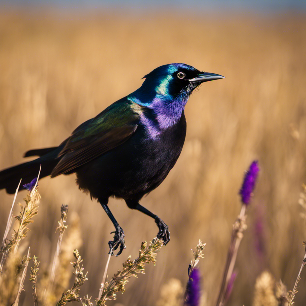 An image capturing the mesmerizing iridescence of a Common Grackle, its sleek black feathers reflecting vibrant hues of purples and blues, against the backdrop of Oklahoma's vast golden fields