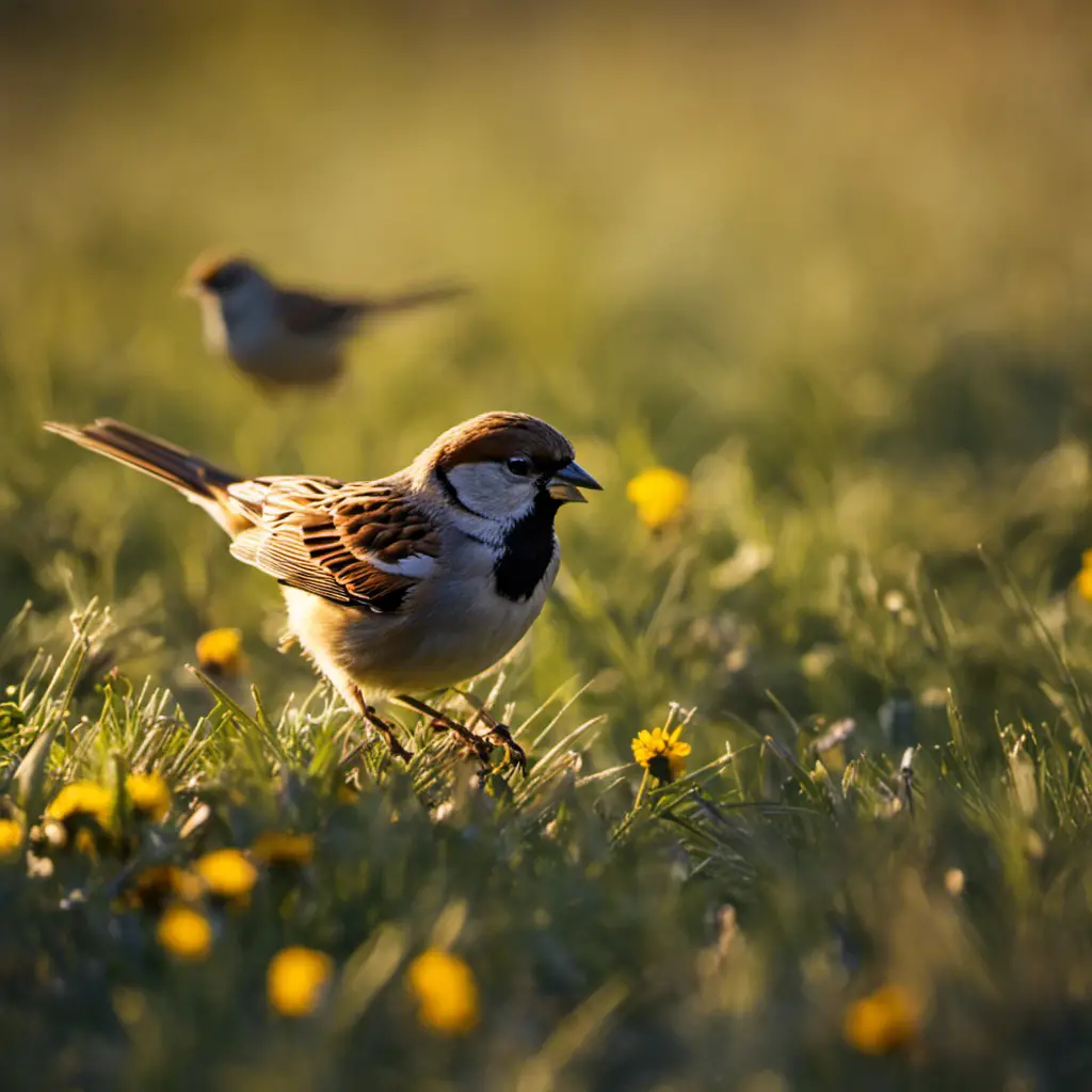 An image capturing the vibrant House Sparrows of Oklahoma as they flit amidst a sunlit meadow, their small bodies adorned with shades of chestnut, gray, and black, while their chirping melodies fill the air