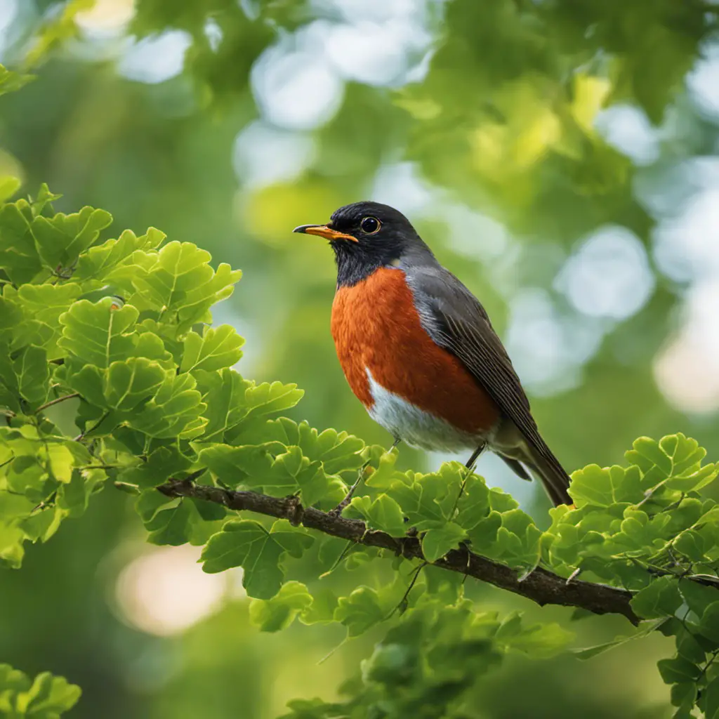 An evocative image of an American Robin perched on a lush oak branch, its crimson breast contrasting against the vibrant green leaves, capturing the untamed beauty of these migratory birds in Texas
