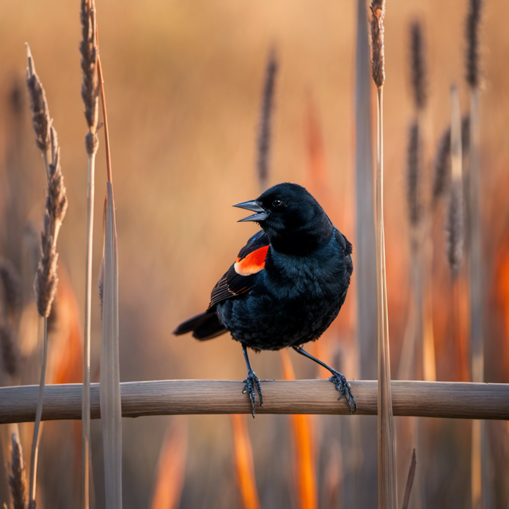 An image capturing the vibrant beauty of a male Red-winged Blackbird perched on a cattail, its glossy black plumage contrasting against the fiery red epaulets, as it sings its melodic and distinctive song