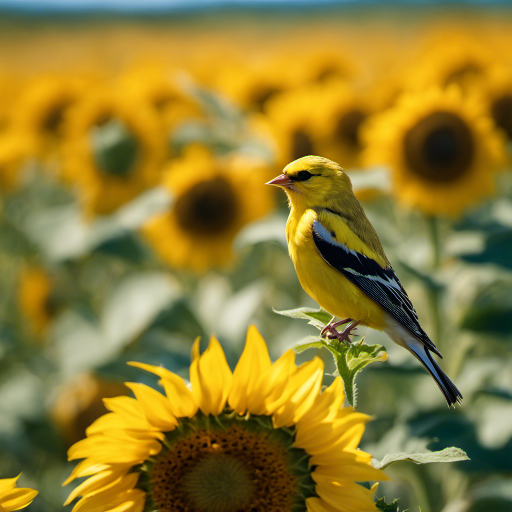 An image capturing the vibrant scene of a sunflower field in Texas, with a lone American Goldfinch perched delicately on a swaying flower, its bright yellow feathers contrasting against the azure sky