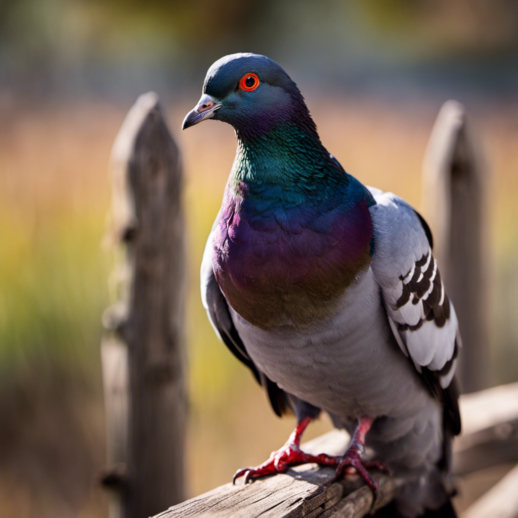 An image capturing the vibrant diversity of Rock Pigeons found across Texas, showcasing their iridescent feathers shimmering under the warm Texan sun, while perched on a rustic wooden fence