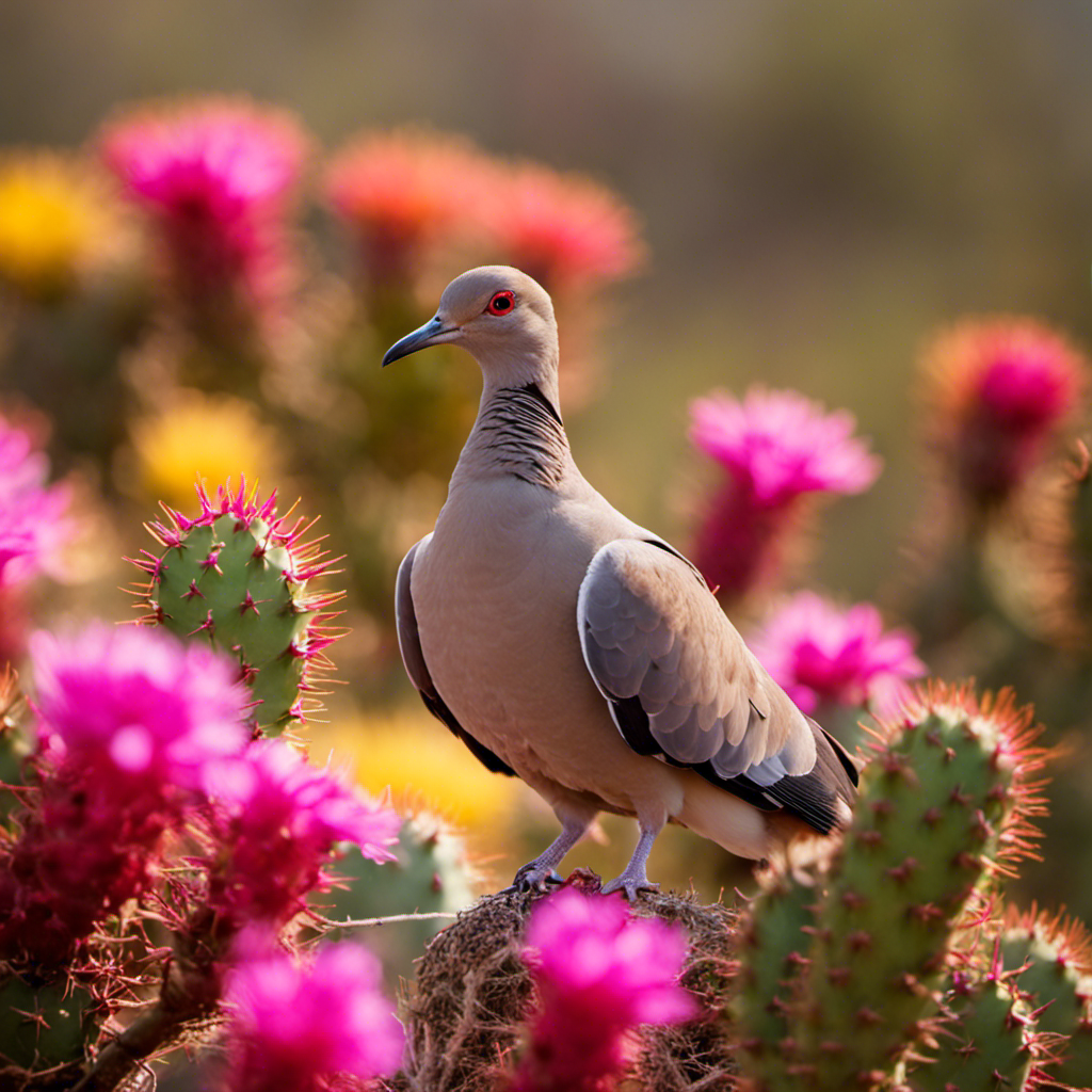 An image capturing the ethereal beauty of a White-winged Dove perched atop a blooming prickly pear cactus, its iridescent feathers shimmering under the Texan sun, against a backdrop of vibrant wildflowers