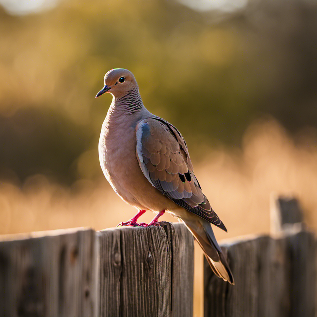 An image capturing the serene beauty of a Mourning Dove perched on a weathered wooden fence amidst the vibrant Texan landscape, its softly hued feathers glistening in the warm sunlight