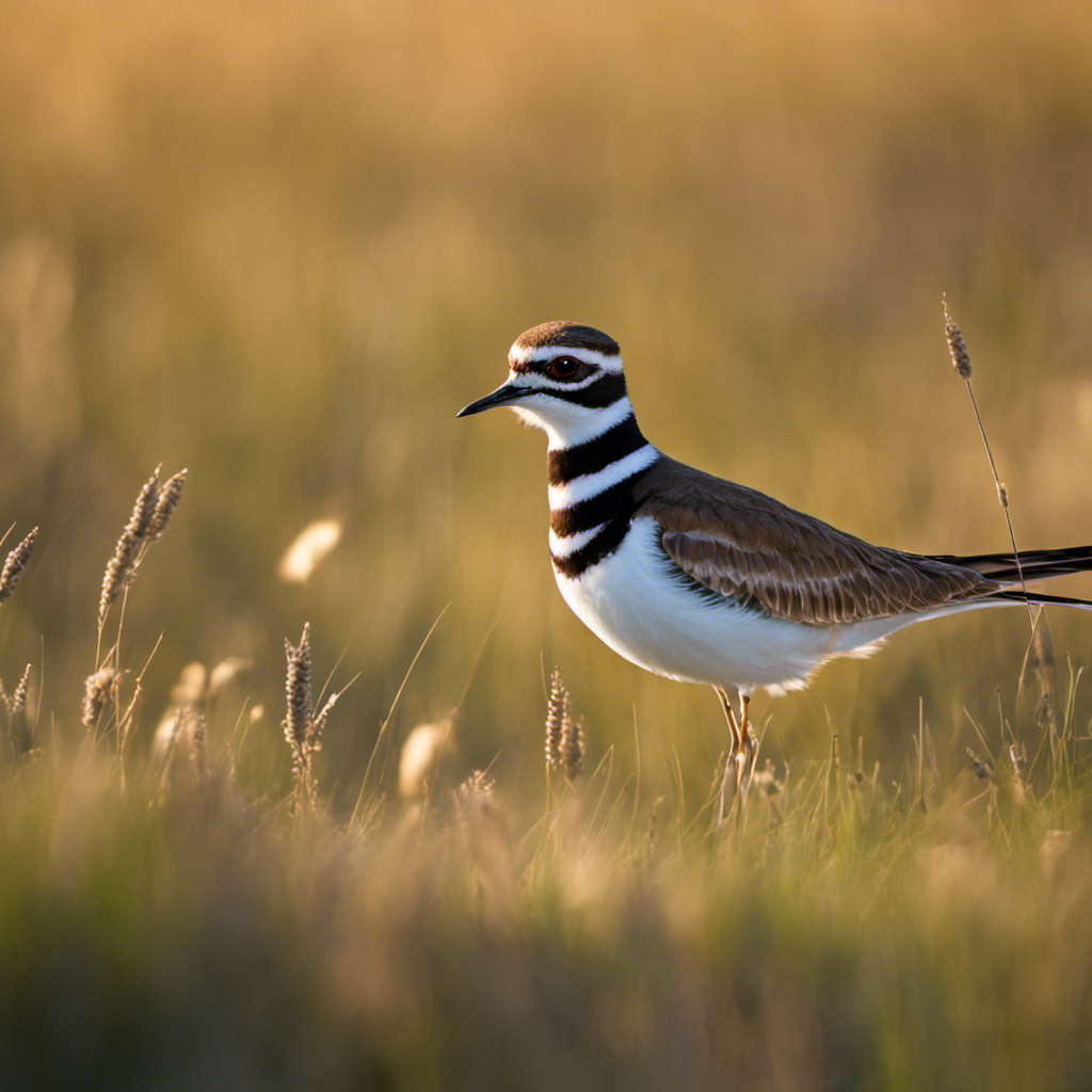 An image capturing the exquisite moment of a Killdeer, with its distinct double chest band, delicately foraging amidst the sun-drenched prairie grasses of Texas, blending seamlessly with the earthy hues and vibrant flora