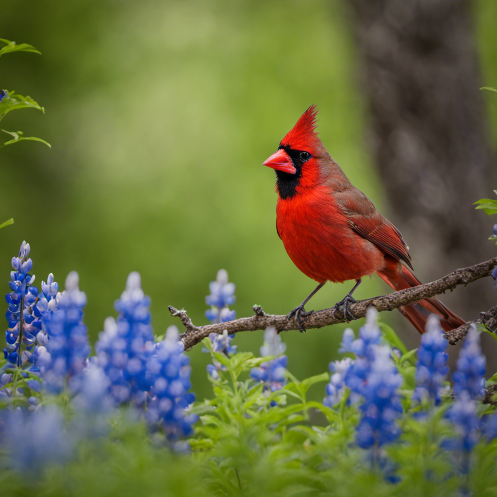An image capturing the vibrant red plumage of a Northern Cardinal perched on a blooming Texas Bluebonnet, amidst the lush greenery of a Texan forest