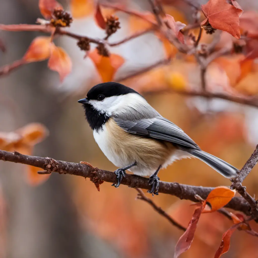 An image capturing the essence of an Illinois Black-capped Chickadee - a small, plump bird with a black cap and bib, white cheeks, and a soft gray body, perched on a vibrant autumnal branch