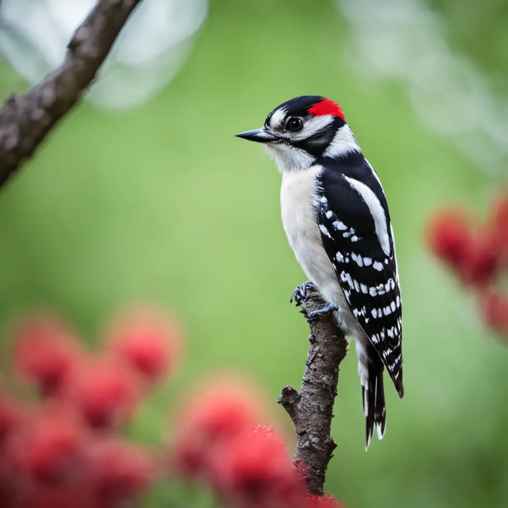 An image capturing the enchanting sight of a Downy Woodpecker perched on a slender tree branch in an Illinois forest, its distinctive black-and-white plumage and delicate red crown contrasting against the vibrant green backdrop