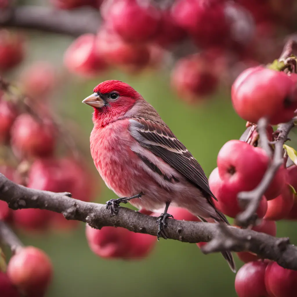 An image capturing the vibrant beauty of a male House Finch perched on a blooming crabapple tree branch, showcasing its crimson plumage, delicate beak, and distinctive streaked feathers