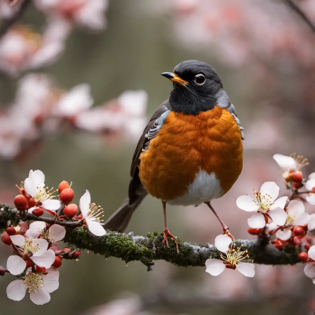 An image showcasing the vibrant plumage of an American Robin perched on a blossoming dogwood branch