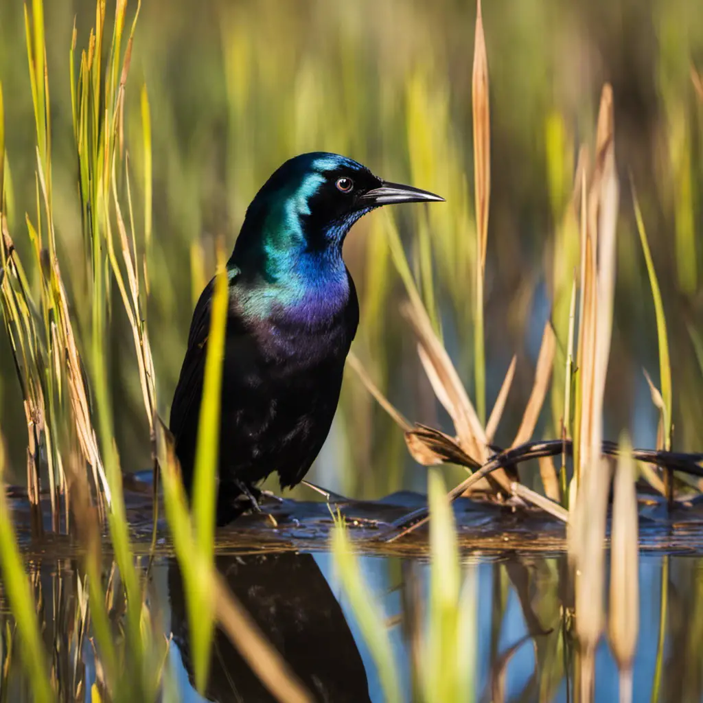 An image capturing the mesmerizing iridescence of a male Common Grackle perched atop a cattail, its glossy black plumage gleaming in the sunlight, with its golden eyes and long, sleek tail feathers adding to its allure