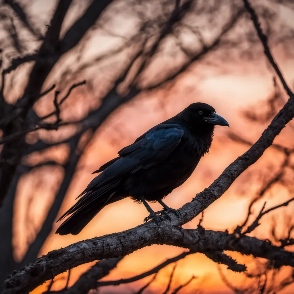 An image capturing the majestic presence of an American Crow perched on a leafless tree branch, set against a vibrant Iowa sunset sky, with its glossy black feathers glinting in the fading light