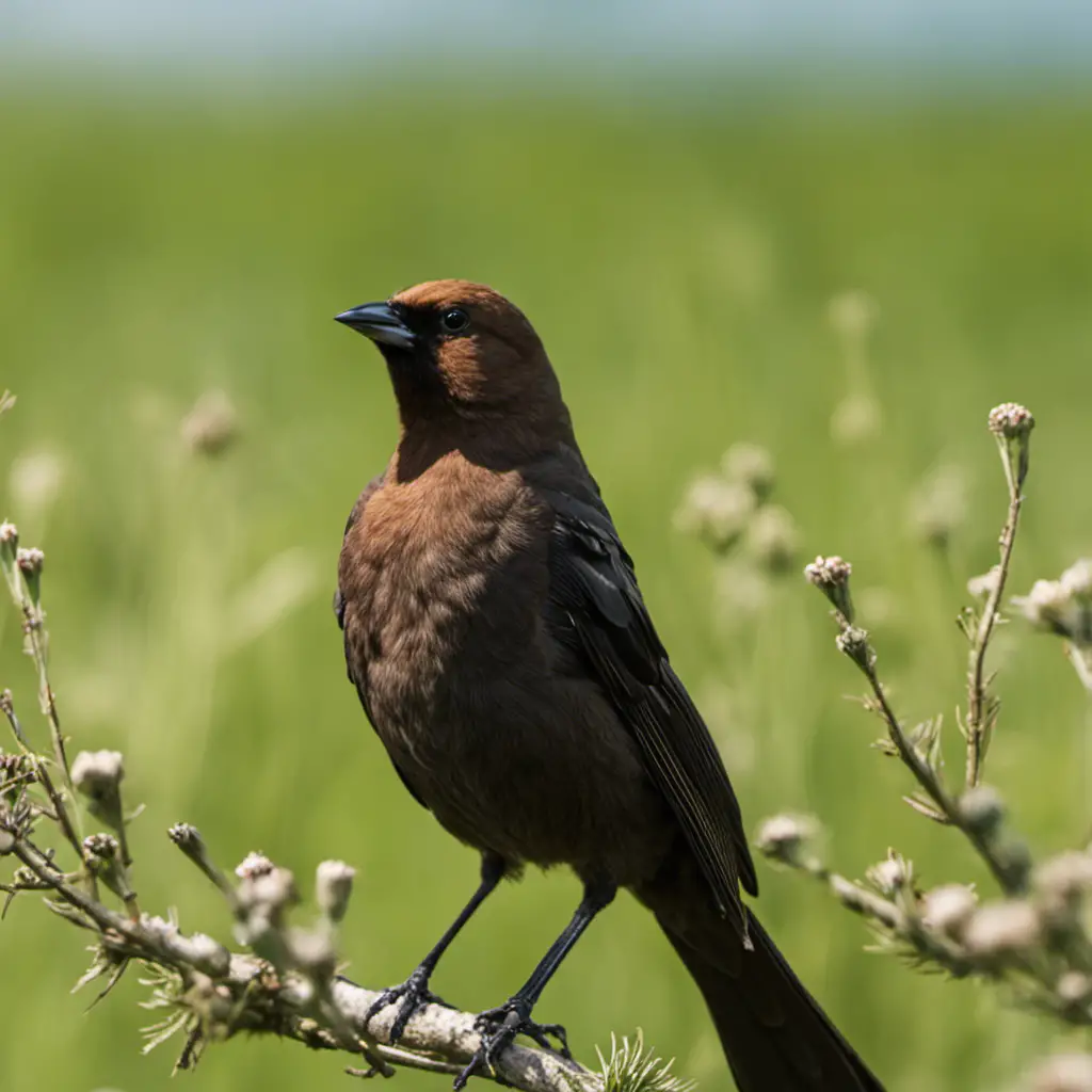 An image capturing the mesmerizing mating behavior of Brown-headed Cowbirds in Iowa's lush meadows: a male, boasting glossy black feathers and a striking brown head, passionately displaying his intricate courtship dance to a receptive female
