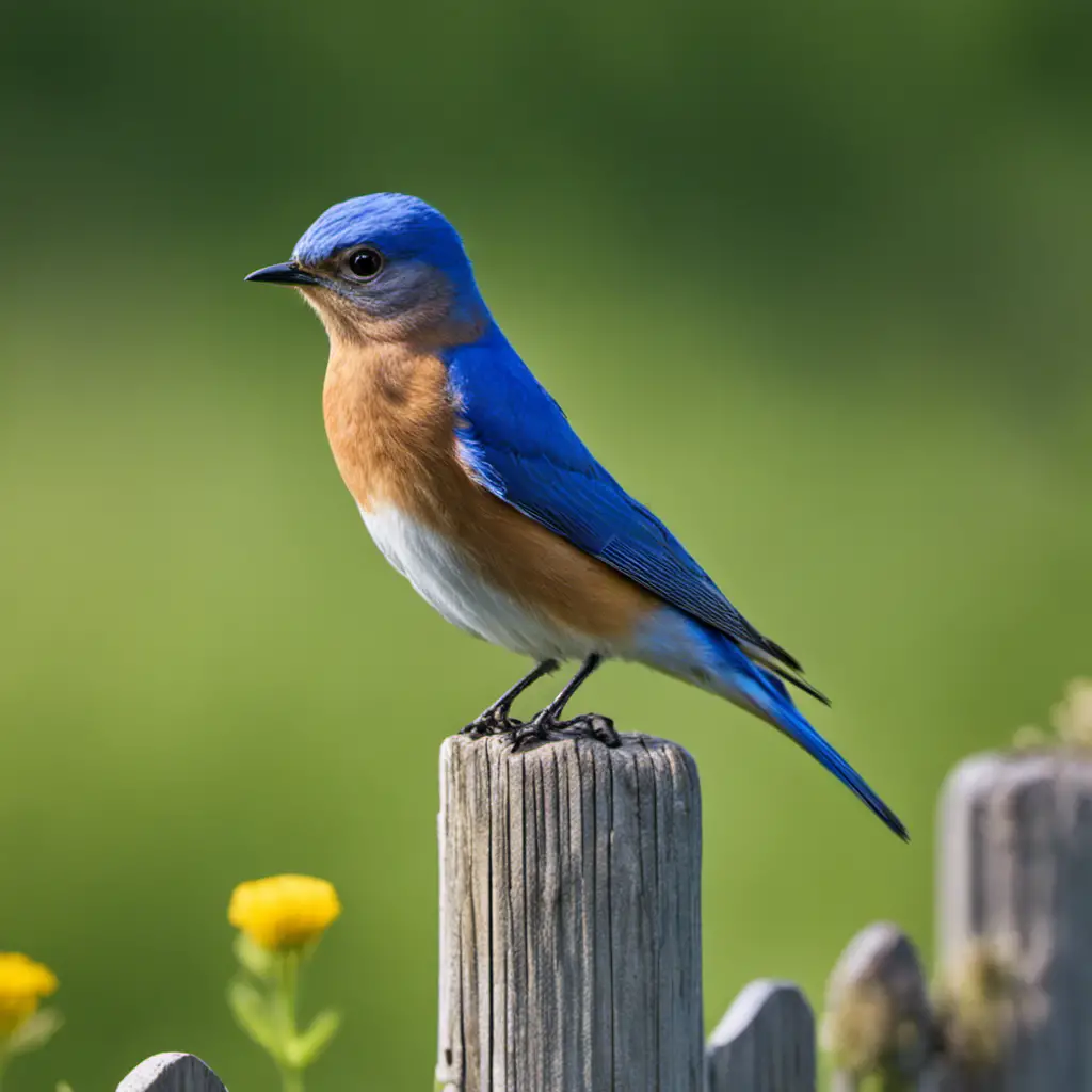 An image capturing the vibrant Eastern Bluebird, showcasing its azure blue plumage contrasting against the lush green backdrop of an Iowa wildflower meadow, as it perches on a weathered wooden fence post