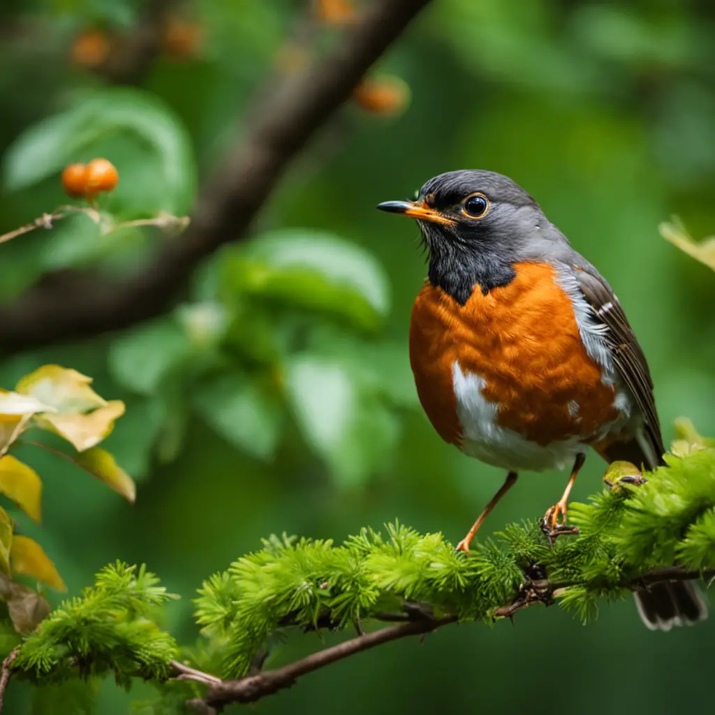 An image capturing the vibrant plumage of an American Robin perched on a tree branch, its red-orange breast contrasting against the green leaves, while it curiously tilts its head towards the camera