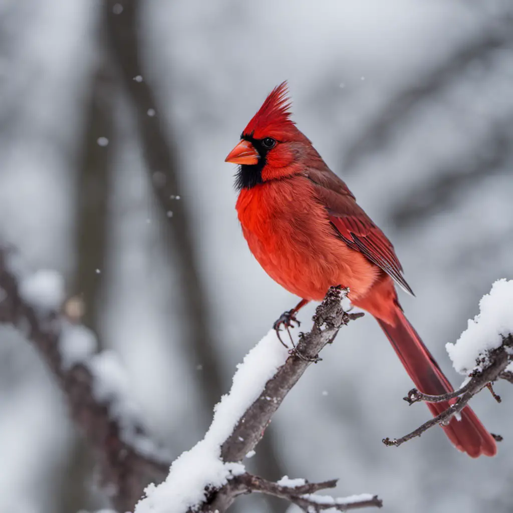 An image capturing the vibrant beauty of a male Northern Cardinal perched on a tree branch, with its fiery red feathers contrasting against the snowy landscape of Iowa, revealing the resilience of this iconic bird species