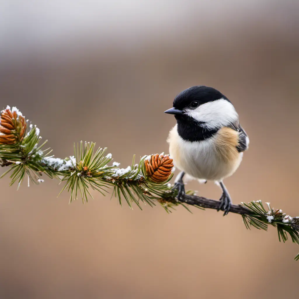 An image capturing the vibrant essence of an Iowa landscape, with a close-up of a tiny Black-capped Chickadee perched gracefully on a delicate branch, its striking black cap contrasting with its soft gray feathers