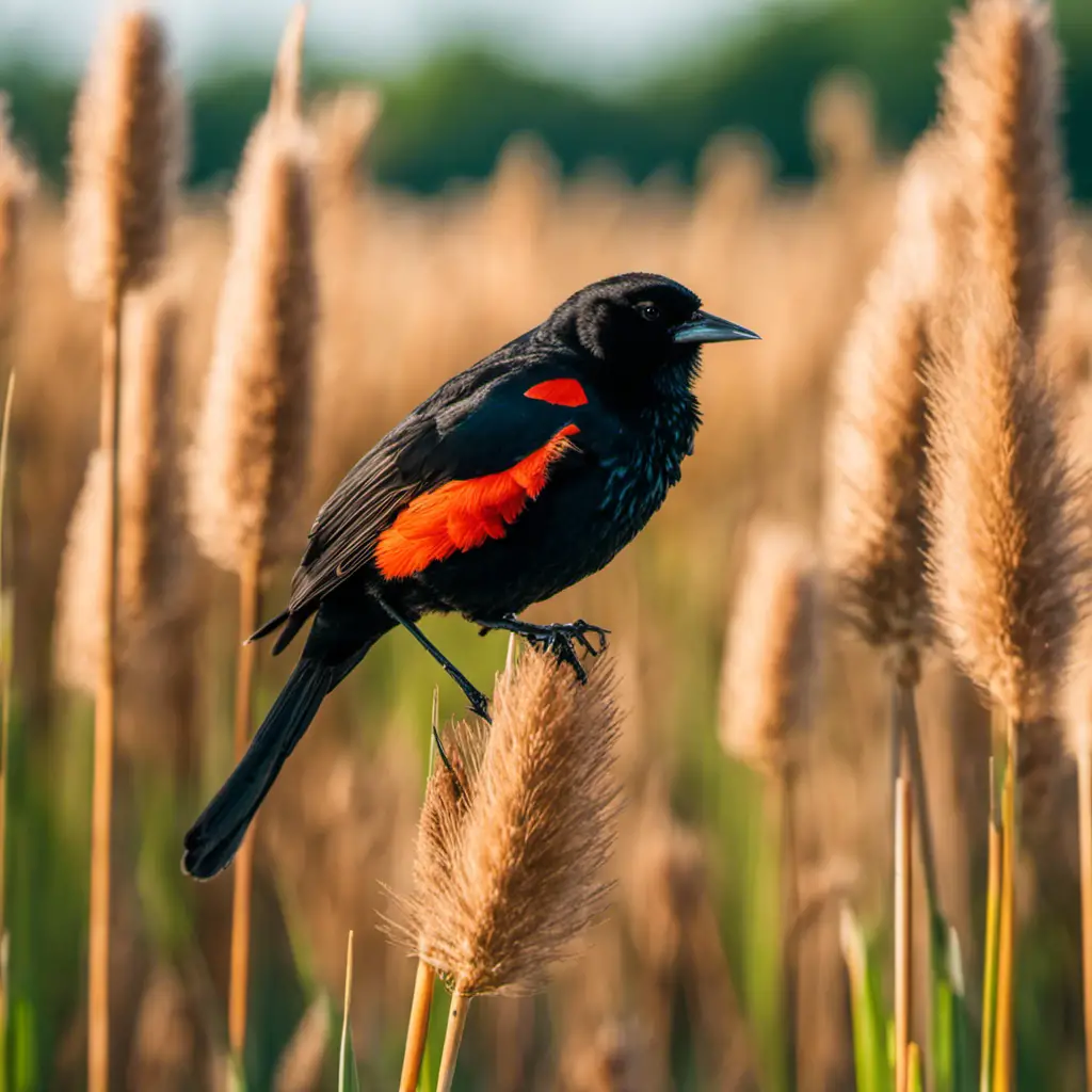 An image capturing the vibrant scene of a male Red-winged Blackbird perched atop a cattail in an Iowa wetland, showcasing its glossy black plumage and striking red shoulder patches, while surrounded by lush greenery