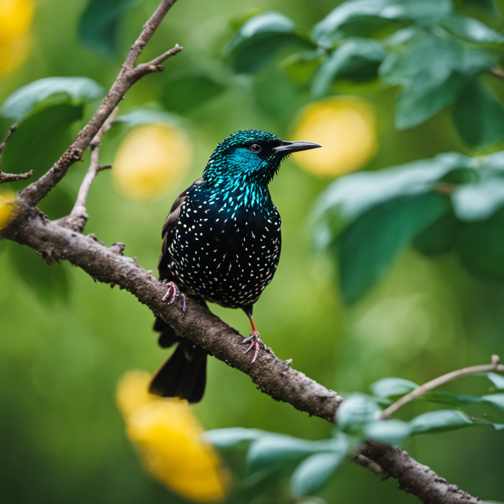 An image capturing the vibrant plumage of a European Starling perched on a branch against a backdrop of green foliage, showcasing its iridescent black feathers, speckled with white spots, and its yellow beak