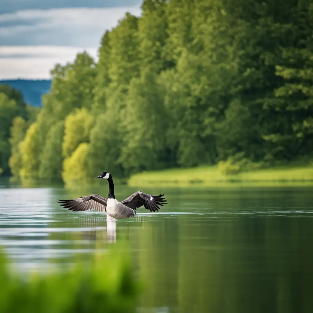 An image showcasing the majestic Canada Goose gliding gracefully across a serene lake, its distinctive black head and neck contrasting against the vibrant green water, while fellow geese gather nearby