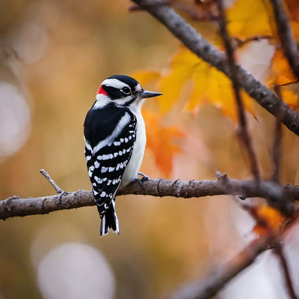An image capturing the enchanting scene of an Iowa forest, where a petite Downy Woodpecker perches on a slender branch, its black-and-white plumage contrasting against the vibrant autumn foliage