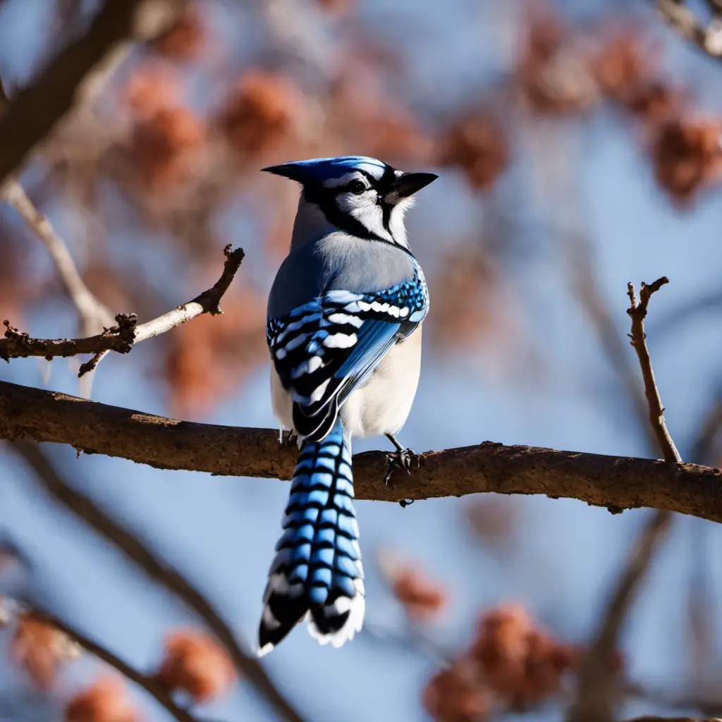 An image capturing the vibrant beauty of a Blue Jay in its natural habitat, showcasing its striking blue feathers with contrasting black markings, perched on a slender branch beneath the Iowa sky