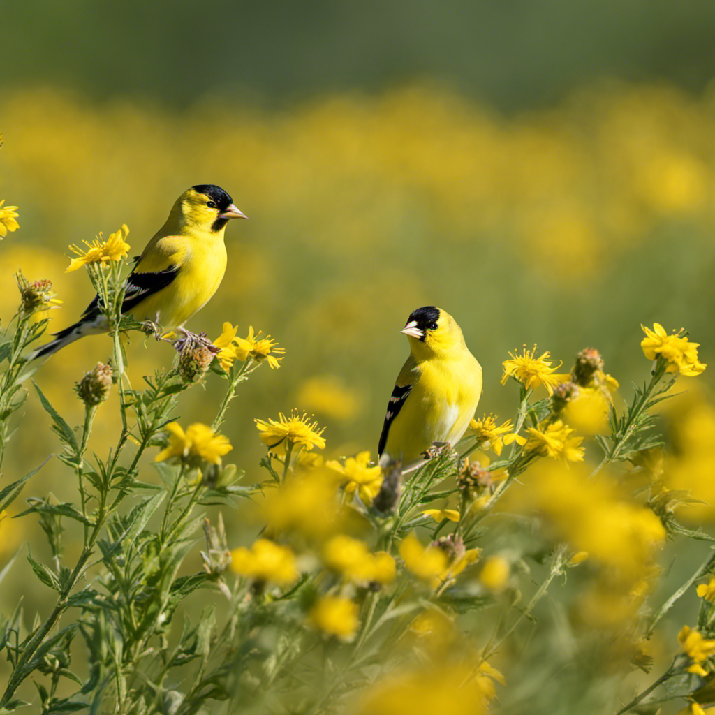 An image capturing the vibrant essence of American Goldfinches amidst an Iowa prairie: a flock of these exquisite yellow birds perched on swaying wildflowers, their delicate feathers glimmering under the warm midday sun