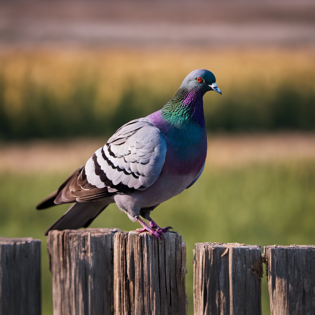 An image capturing the majestic Rock Pigeon, showcasing its iridescent feathers in shades of slate gray and shimmering violet, perched atop a weathered wooden fence against the backdrop of Iowa's sprawling cornfields