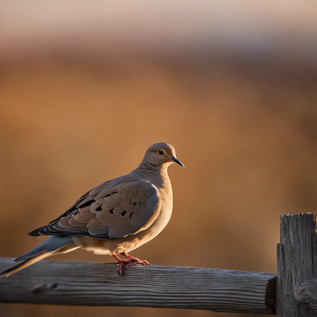 An image capturing the delicate grace of a Mourning Dove perched on a weathered wooden fence, its soft gray feathers gently illuminated by the golden hues of an Iowa sunset