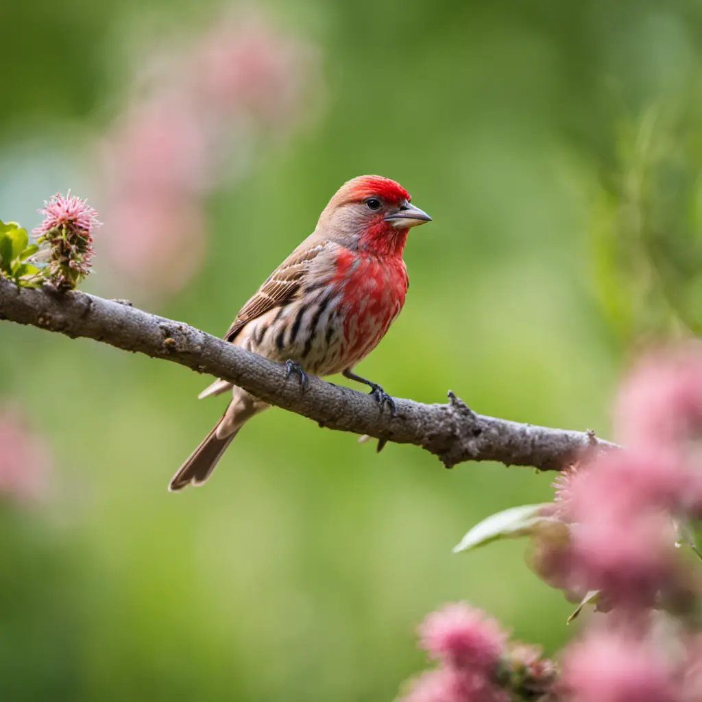 An image capturing the vibrant plumage of the House Finch in Iowa, highlighting its red head, brown streaked body, and distinctive beak