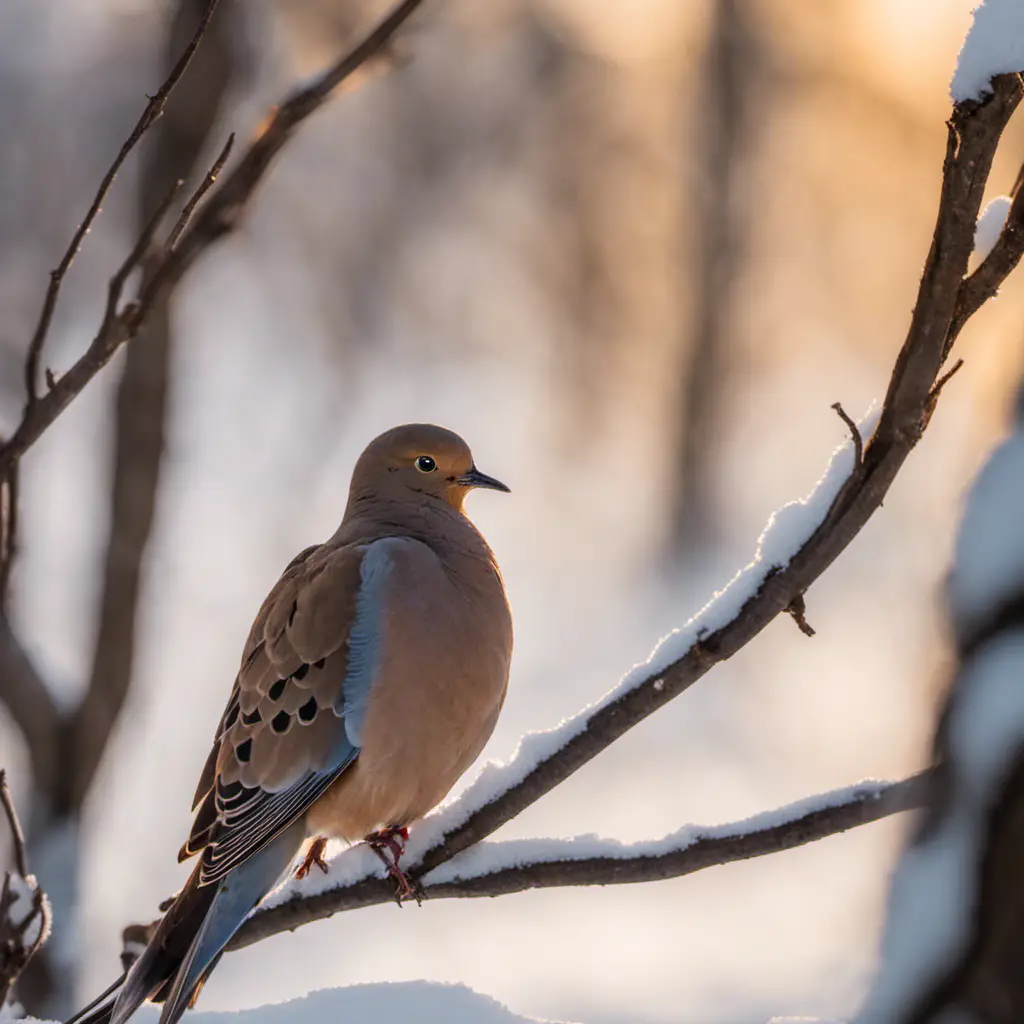 An image capturing the graceful silhouette of a Mourning Dove perched on a leafless branch against a backdrop of snow-covered Minnesota landscape, its iridescent feathers shimmering in the wintry sunlight