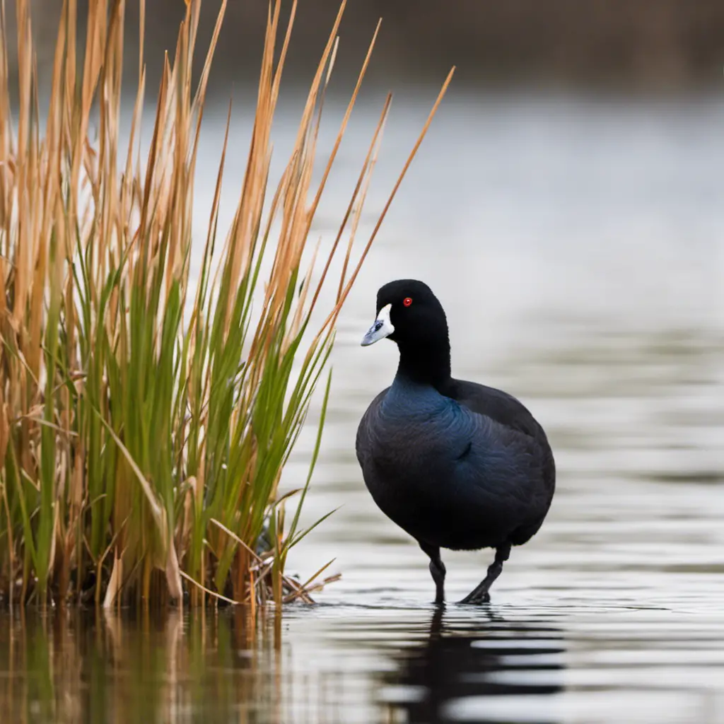 An image capturing the essence of Minnesota's American coot, showcasing its striking black plumage, distinctive white bill, and vibrant red eyes as it gracefully glides across a serene, reed-filled wetland