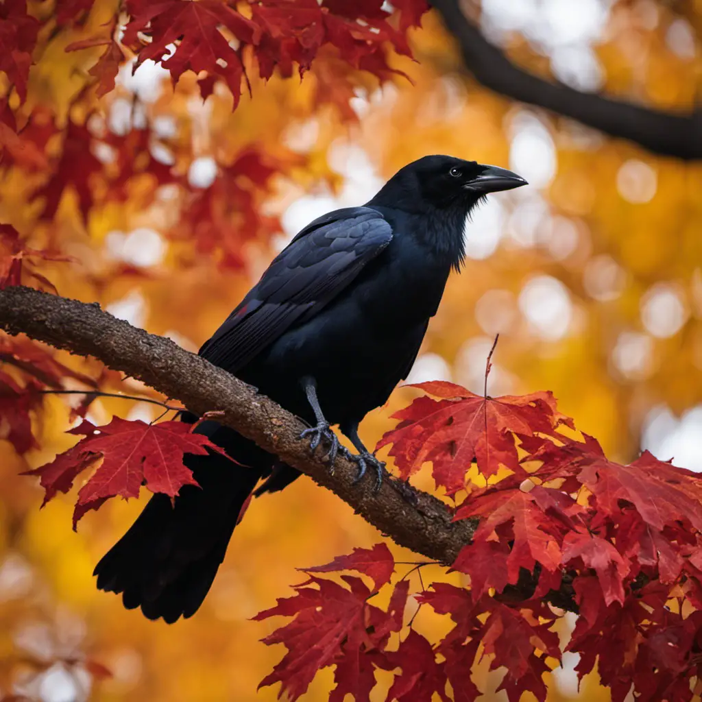 An image showcasing the American crow, perched atop a towering oak tree against a backdrop of vibrant autumn foliage, its glossy black feathers contrasting with the fiery red and golden leaves