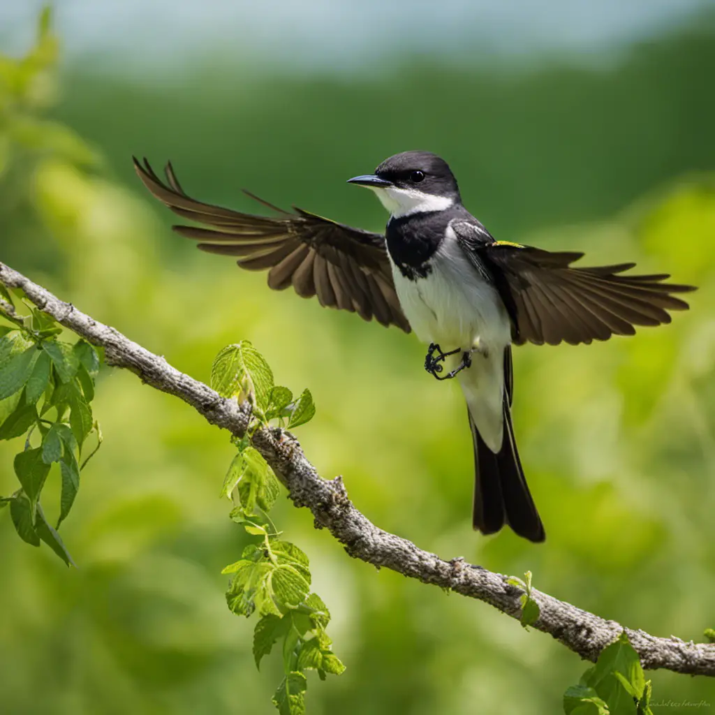 An image capturing the vibrant display of an Eastern kingbird in Minnesota's lush landscape