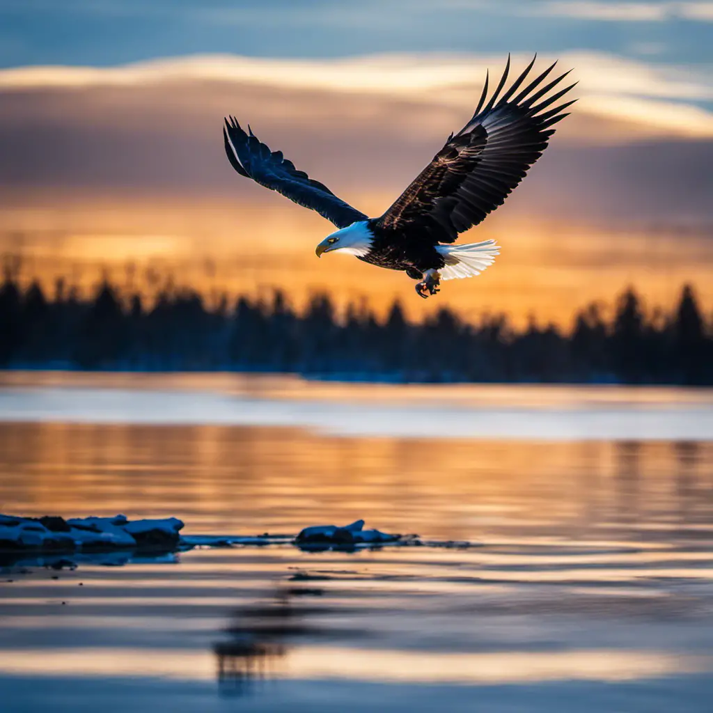 An image capturing the regal presence of a majestic Bald Eagle soaring above Minnesota's crystal-clear lakes, its white-feathered head and tail contrasting against the vibrant blue sky, showcasing the iconic symbol of freedom and strength