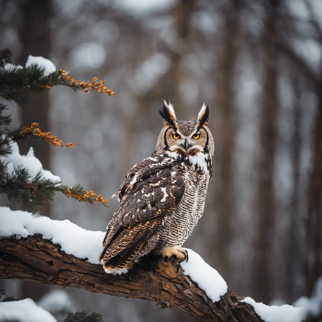 An image capturing the majestic presence of a Great Horned Owl perched on a sturdy tree branch amidst the snowy landscape of Minnesota, its piercing yellow eyes and prominent ear tufts beautifully accentuated