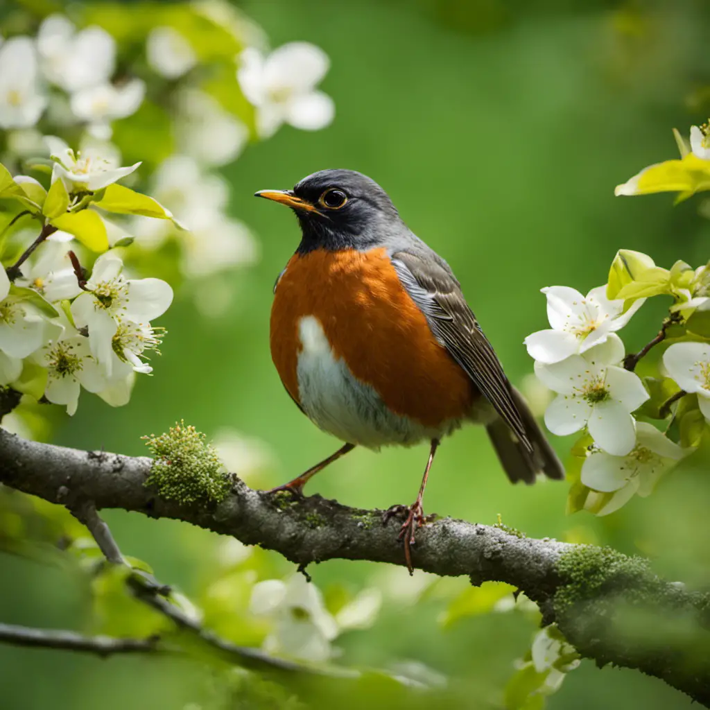 An image capturing the vibrant presence of an American Robin, perched on a blossoming dogwood branch, its chest adorned with a fiery orange plumage that contrasts against the lush green leaves in the background