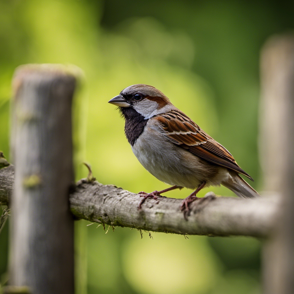An image of a male House Sparrow perched on a weathered wooden fence, its chestnut-brown plumage vivid against a backdrop of lush green foliage, capturing the resilience and adaptability of this Missouri native bird