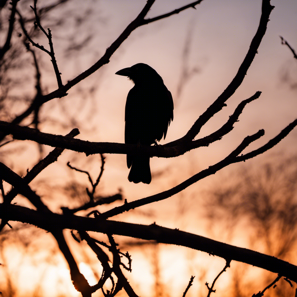An image capturing the sleek silhouette of an American Crow perched on a leafless branch, against a backdrop of a fiery Missouri sunset, its glossy feathers reflecting the fading light