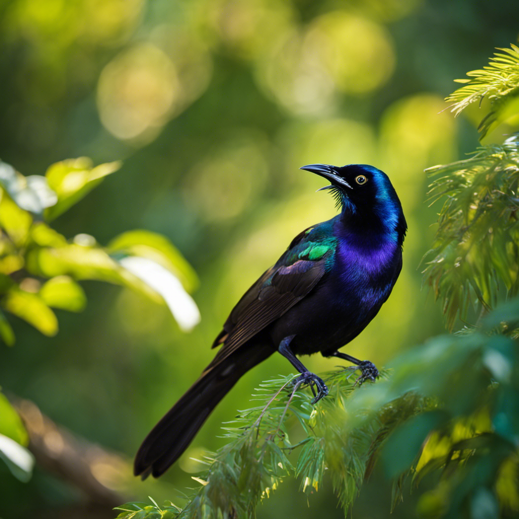 An image showcasing the glossy iridescent plumage of a Common Grackle perched on a tree branch, its piercing yellow eyes locked inquisitively with the camera, against a vibrant backdrop of lush green foliage